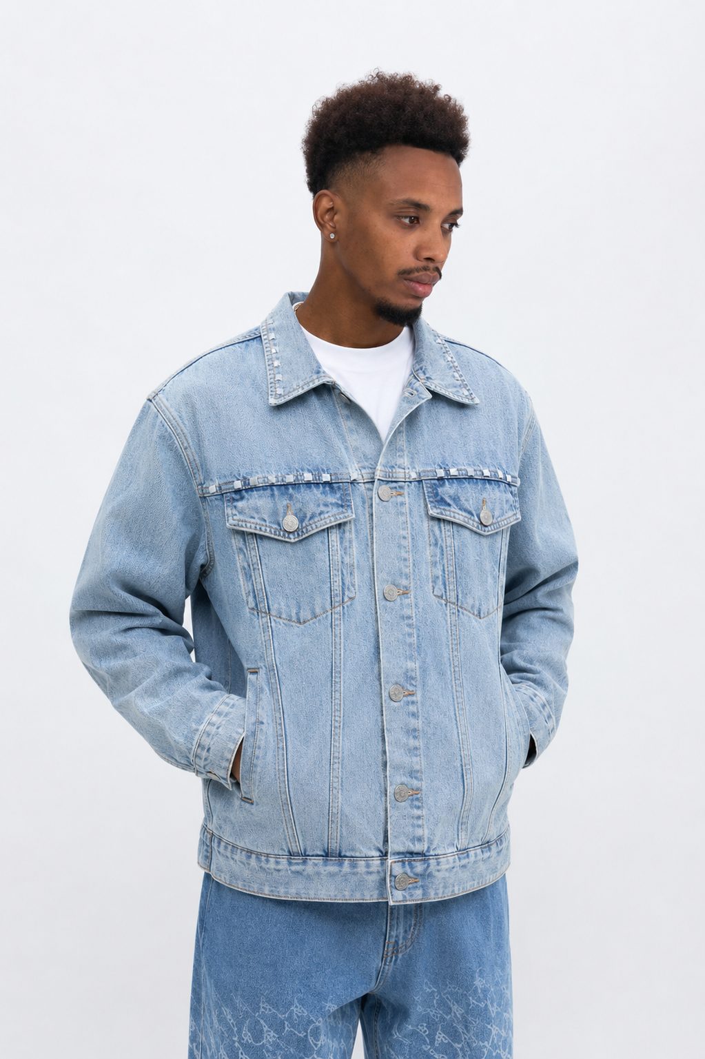 4Faith Studded Denim Jacket – Light Blue