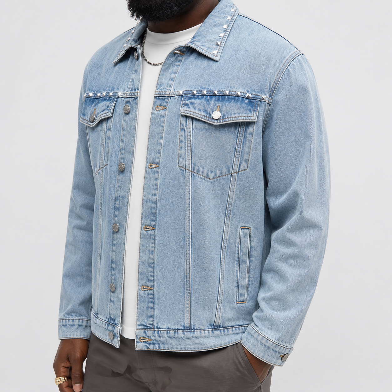 4Faith Studded Denim Jacket – Light Blue