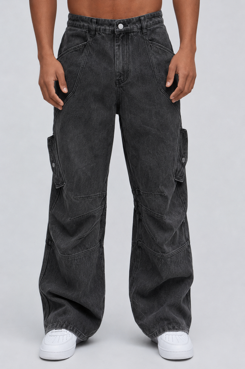 4Faith Cargo Baggy Jeans – Washed Black
