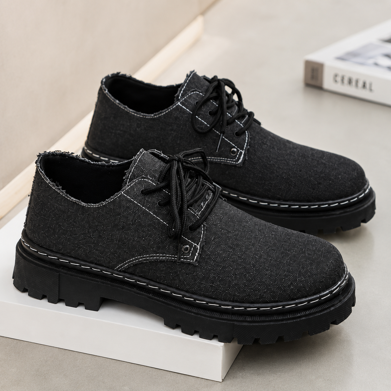 Chaussures Derby Casual en Toile Délavée – Style Workwear Vintage à Lacets